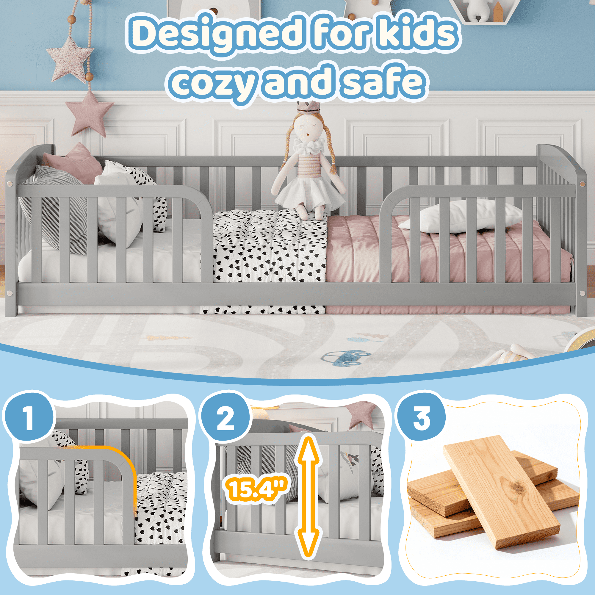 Leumius Twin Size Floor Fence Bed with Central Entrance, Pine Wood Floor Bed with Guardrails for Boys Girls Grey