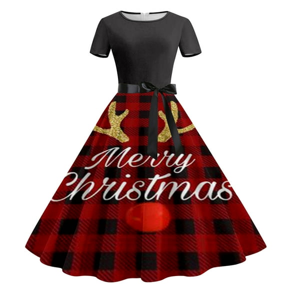 Pisexur Christmas Dress Women's Fashion Casual Floral Printing Short Sleeve Round-Neck Knee-High Dress Wedding Guest Dress for Women, Xmas Party Swing Dress