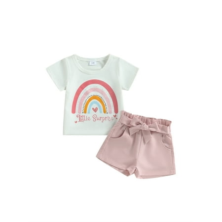 

Baby Girls Shorts Set Short Sleeve Rainbow Letters Print T-shirt with Waist Tie Shorts Summer Casual Outfit