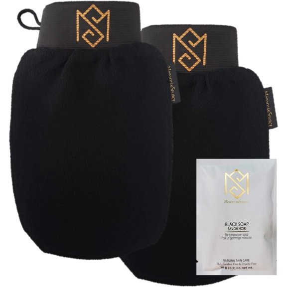 Exfoliating Glove Kessa Mitt Body Scrubber - Dead skin remover Shower Glove for Dead Skin Scrubbing and Deep Pore Cleansing - Pack of 2 Black with Moroccan black soap Deluxe sample - by MoroccanSource