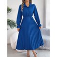 thumbnail image 5 of Women Casual Solid Color Turn-Down Collar Long Dresses Button Flare Sleeves Hundred Pleats Dress, 5 of 7