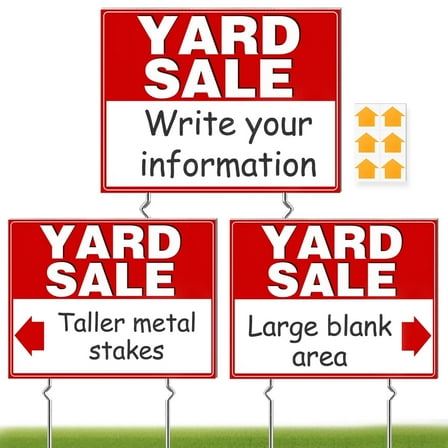 Remiawy Yard Sale Signs with Metal Stakes, 3Pcs 17x13 Inch Double Sided Large Corrugated Plastic Garage Sale Signs with Directional Arrows Stickers for Sales Event Weatherproof, Red