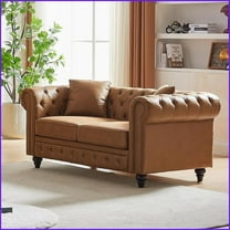 63.5” Contemporary Chesterfield 3-Person Sofa | Tech Fabric | Rolled Arms | Brown Wood Legs with 2 Pillows for Living Room