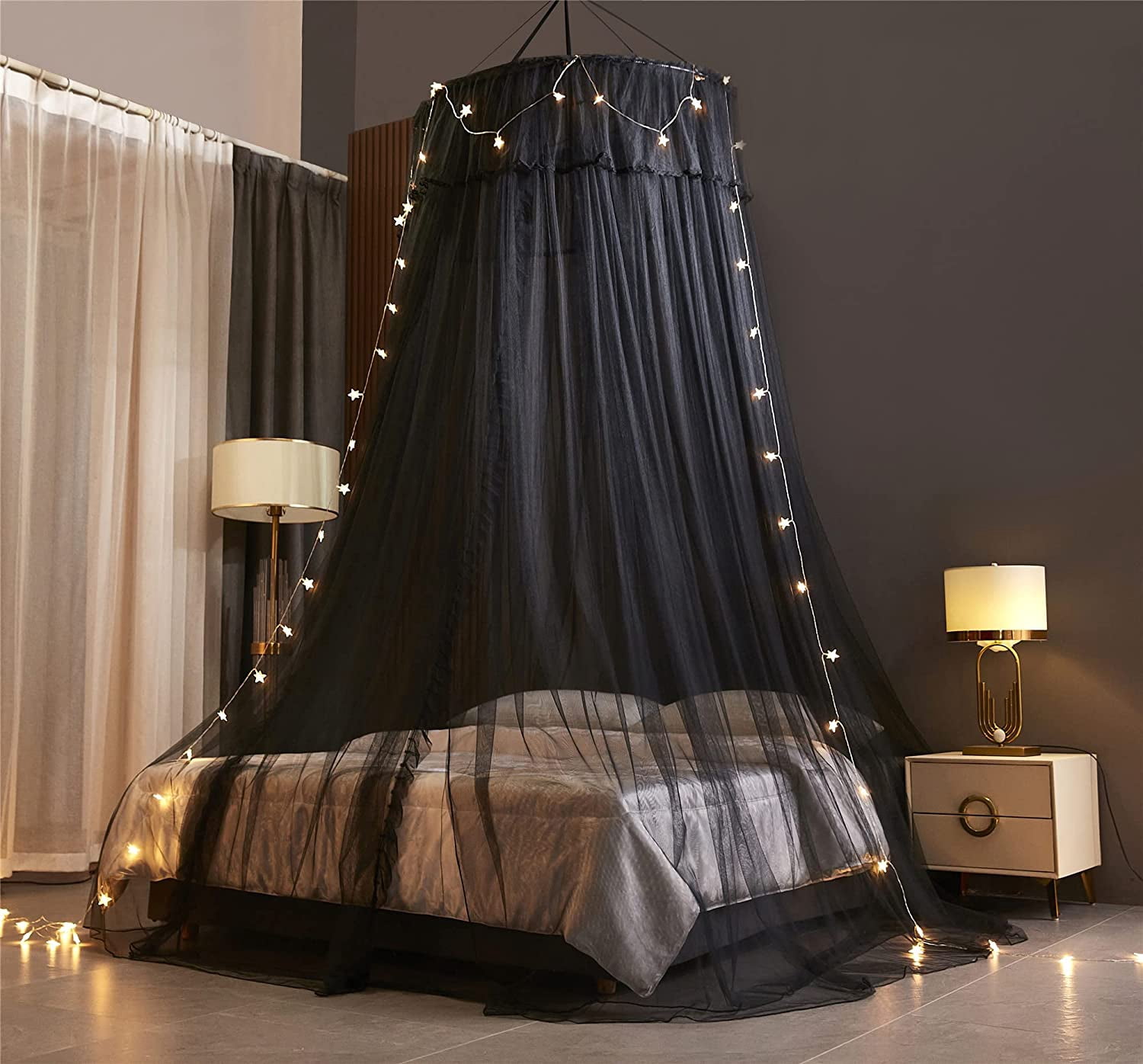 Princess Bed Canopy for Girls,Bed Canopy Curtain- Double Layer Sheer Mesh Dome Bed Curtain- Round Lace Princess Mosquito Net Tent (Double Black-2)