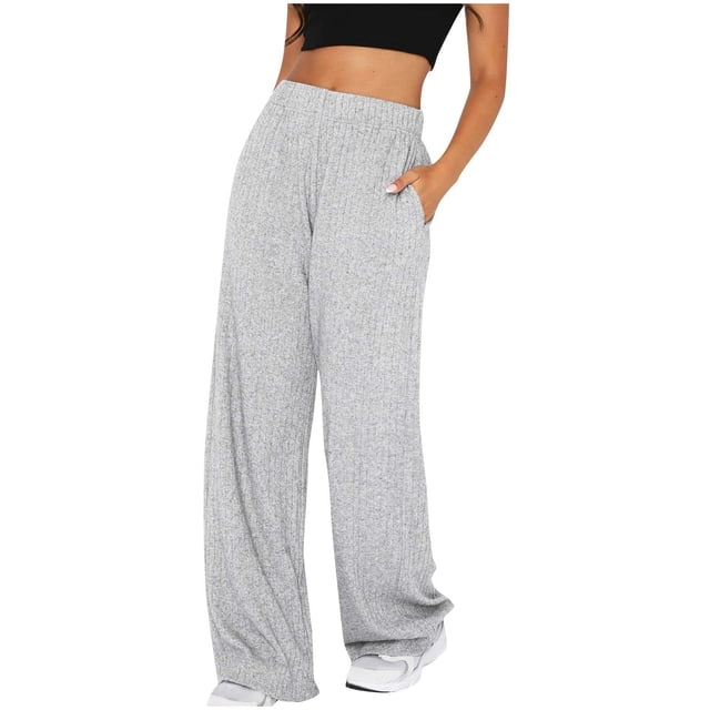 AherBiu Lounge Pants for Women Ribbed High Waisted Straight Leg Loose Pockets Spring Casual Trousers