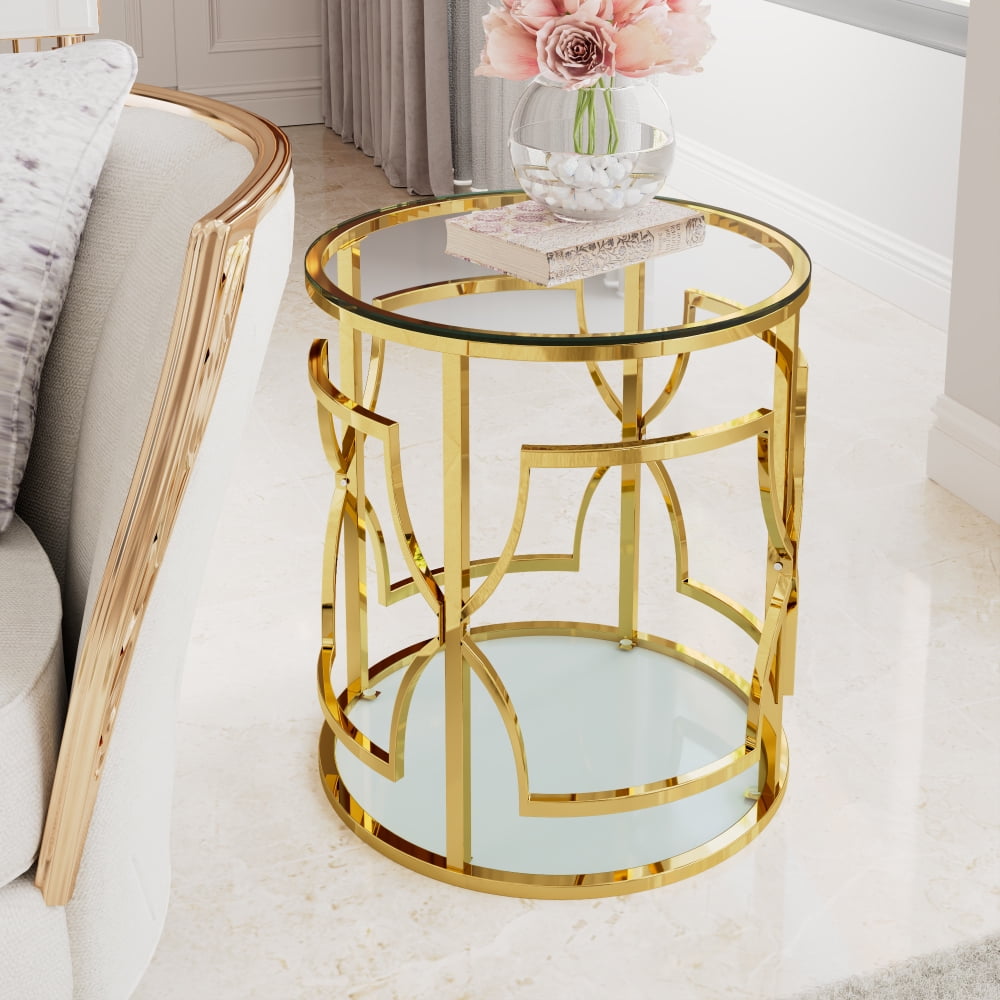 19.7" Luxury Gold Round Side Table with Tempered Glass Top & Storage Shelf, Modern Glam End Table with Metal Frame for Living Room, Bedroom, Sofa Side, Small Space Accent Table