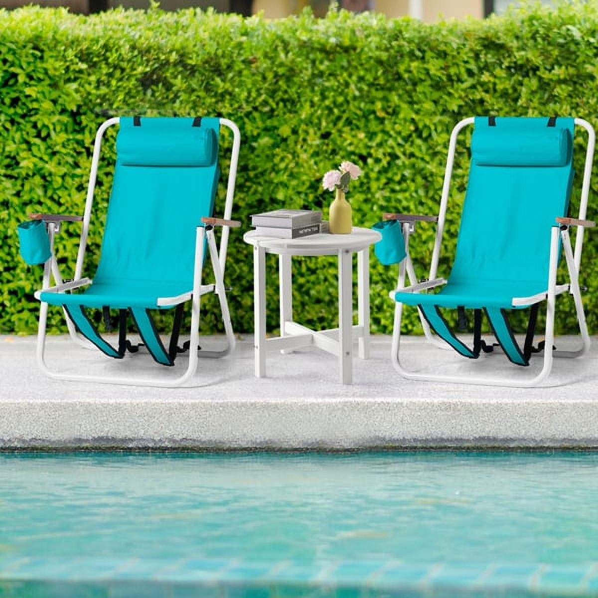2 Pack Beach Chairs with Headrest & Cup Holder, Portable Backpack Camping Chairs 4-Position Lightweight Folding Chairs Support 265lbs