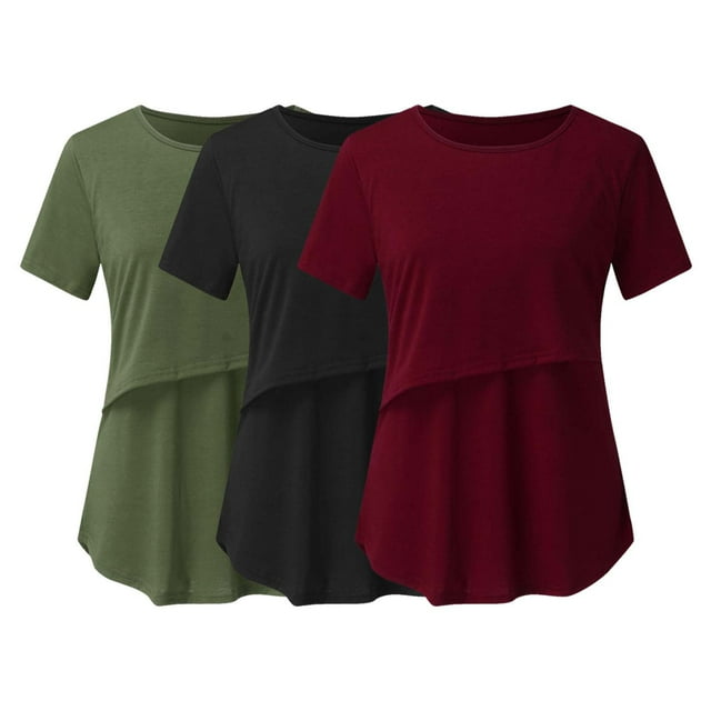 DPTALR Pregnant Pregnancy Nursing Short Sleeve Tops Solid Color Round Neck Breastfeeding Blouse