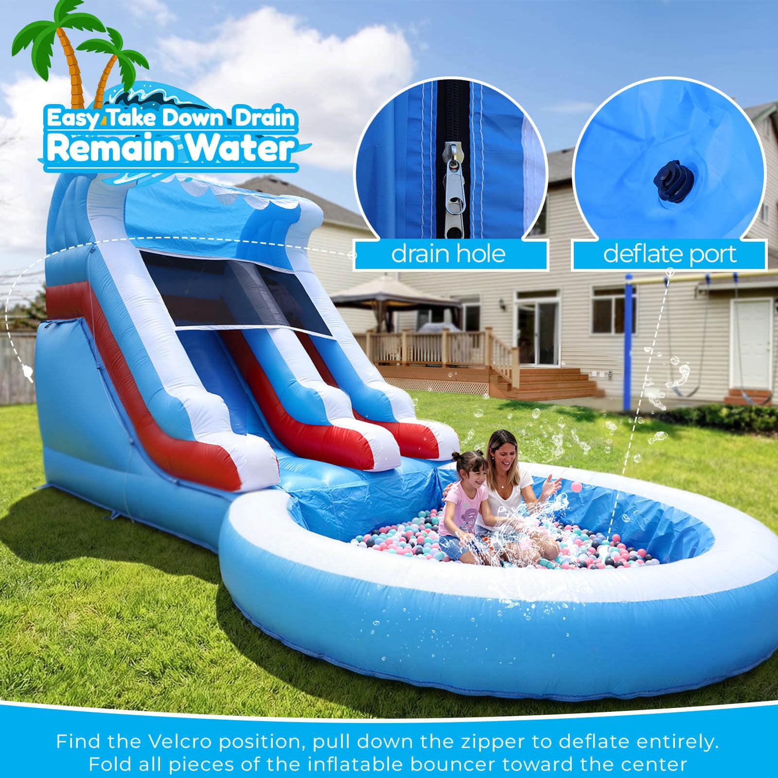 OFFMUST Commercial Inflatable Water Slide Water Park for Kids and Adults, 24 ft Long, PVC, with Blower