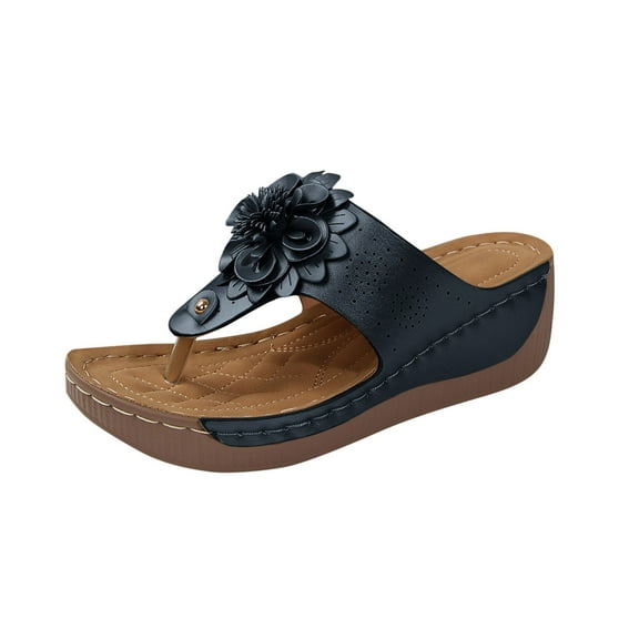 Hopeusnice Slippers for Women Non-Slip PU Materials Summer Shoes Breathable Thong Sandals Trendy Thick-Soled Heel Soft Women's Slippers Vacation Shoes Blue 36