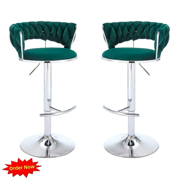 Tcbosik Upholstered Bar Stools Set of 2, Velvet Fabric Swivel Barstools, 23.6"-32" Height Adjustable Bar Chair with Back for Kitchen, Dining Room, Green