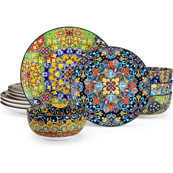 12 count Dinnerware Sets, Plates and Bowls Set, Porcelain Dishes Set for 4, Microwave and Dishwasher Safe, Scratch Resistant, Bohemian Style Dining Ware Service for 4, Series SIMI