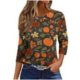 thumbnail image 3 of 3/4 Sleeve Tops for Women Dressy Casual Halloween Pumpkin Maple Leaf Print Tee Shirts Fall Fashion Loose Crewneck Tunics, 3 of 7