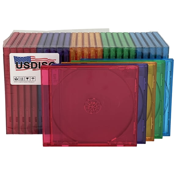 USDISC CD Jewel Cases Standard 10.4mm, Single 1 Disc, Clear Multicolor, Pack Of 10