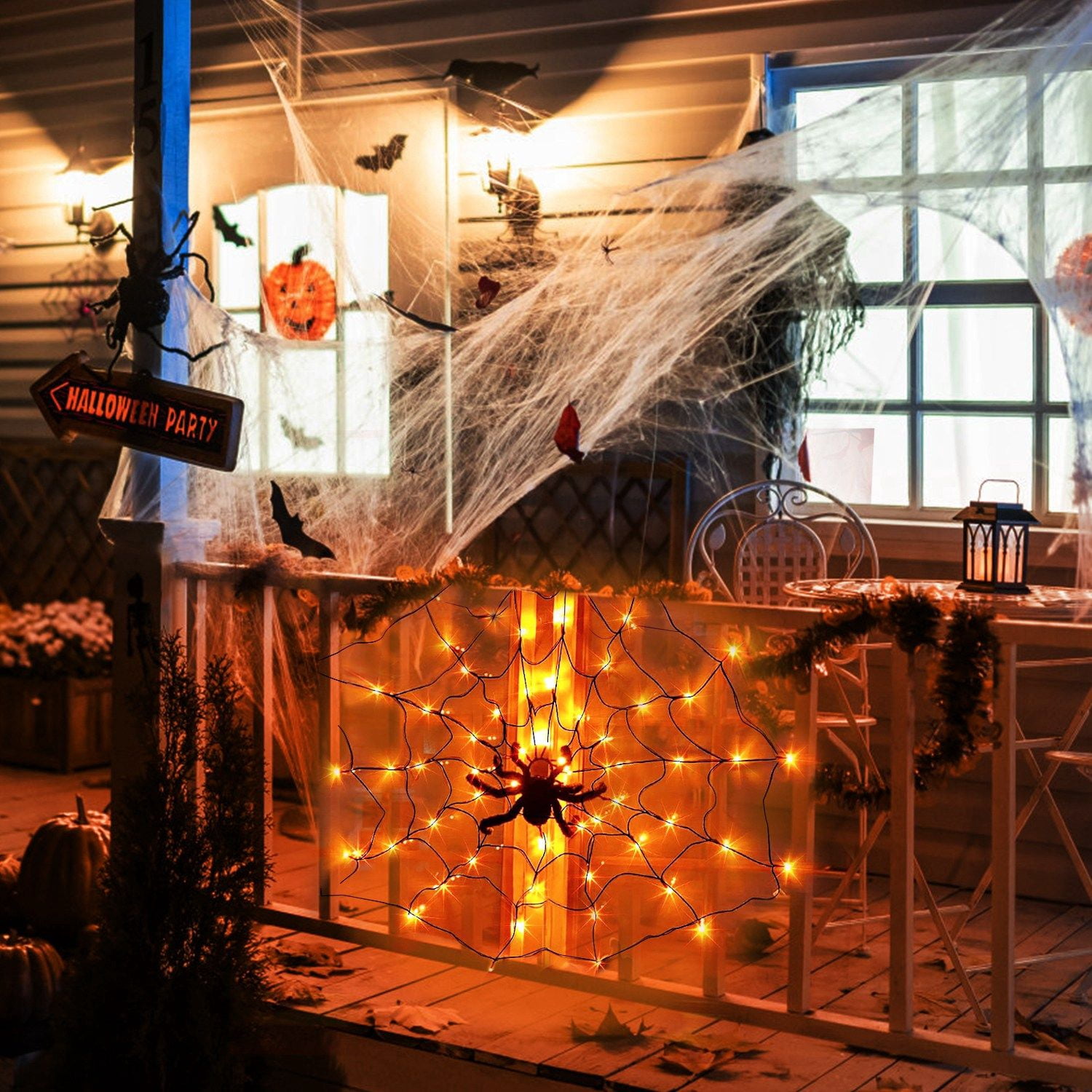 Halloween Spider Web Light, 3.28ft Diameter, 70 LEDs, 8 Modes, 10 Brightness Levels, Battery Powered, IP44 Waterproof with Remote & Timer
