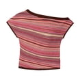thumbnail image 5 of CAIXIA Off the Shoulder Tops for Women Short Sleeve Striped Shirt Slim Fit Hollow Out Crop Tops Summer Y2K Crochet Top, 5 of 5