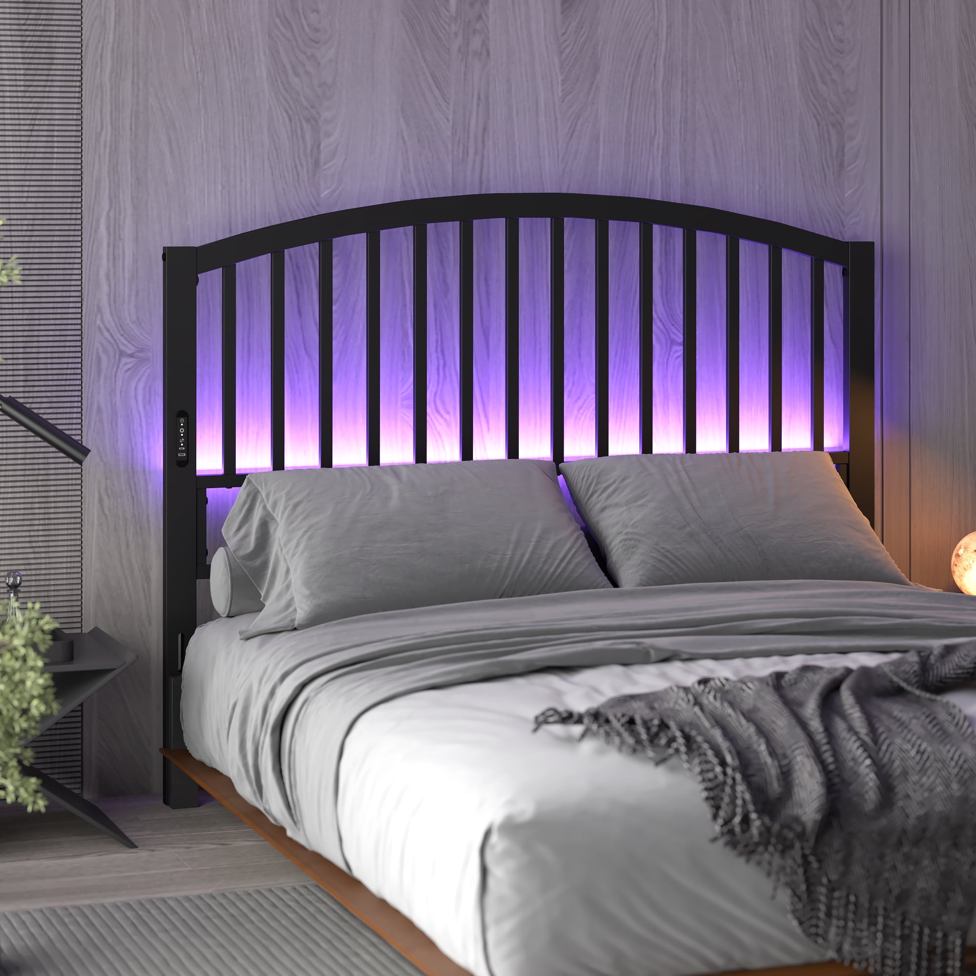 Yoneston 46.76” High Arc Metal Queen Size Headboard with LED Light & Charging, Height Adjustable Metal Platform Bed Headboard – Black