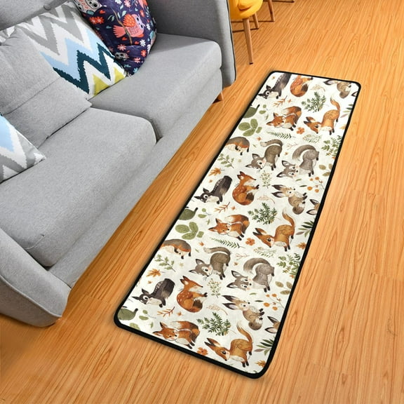 Cute Fox and Plant Hallway Runner Rug 2'X6' Non-Slip Washable Carpet Runner Kitchen Entryway Laundry Bedroom