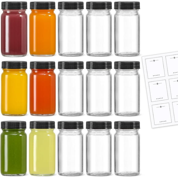 15 Pack 2 Oz Glass Shot Mini Bottles Black Lids Clear Jar Ginger Juice Whiskey Travel
