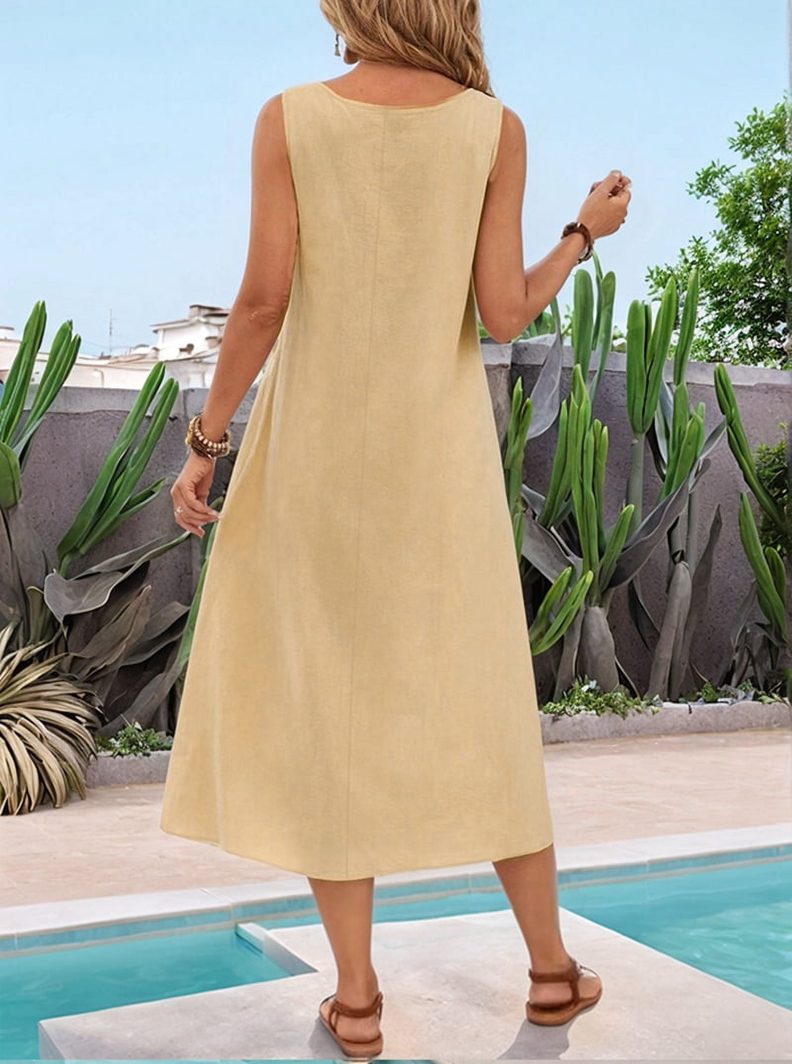 Dresses for Women Spring Summer Sleeveless V Neck Cotton Beach Casual Dress Khaki L