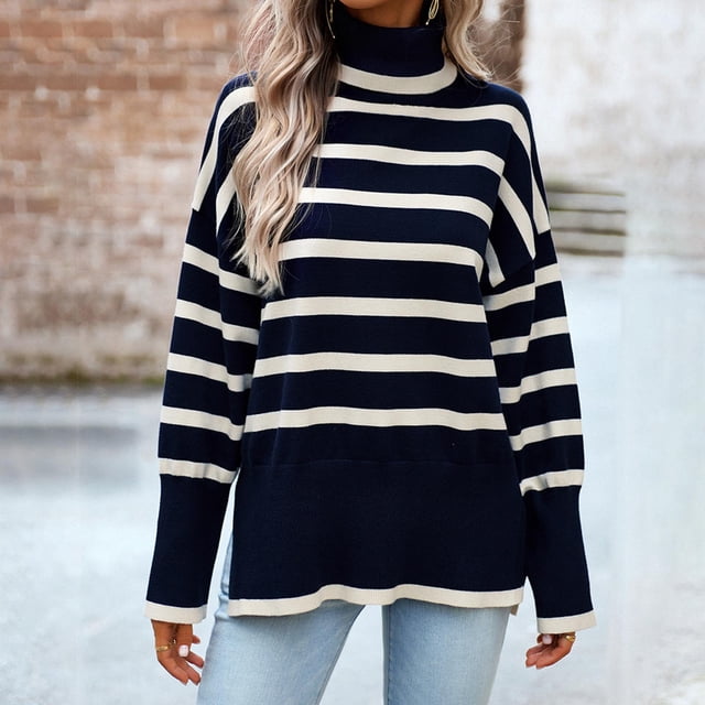 EGNMCR Chandail à Col Roulé pour Femmes, Chandails pour Femmes Chandail Décontracté à Manches Longues à Col Roulé Fendu sur le Côté Tricoté à Rayures Blouse Ample Chandail pour Femmes