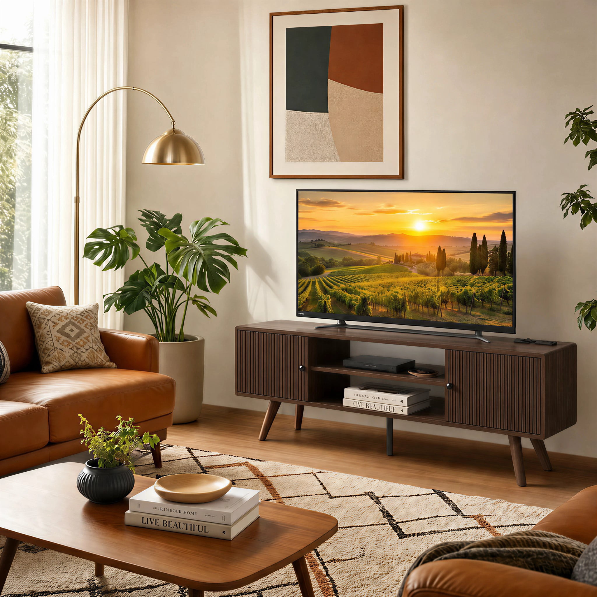 Manxile Mid Century Modern TV Console for Living Room Bedroom, Wood Entertainment Center with Storage and Shelves, Walnut