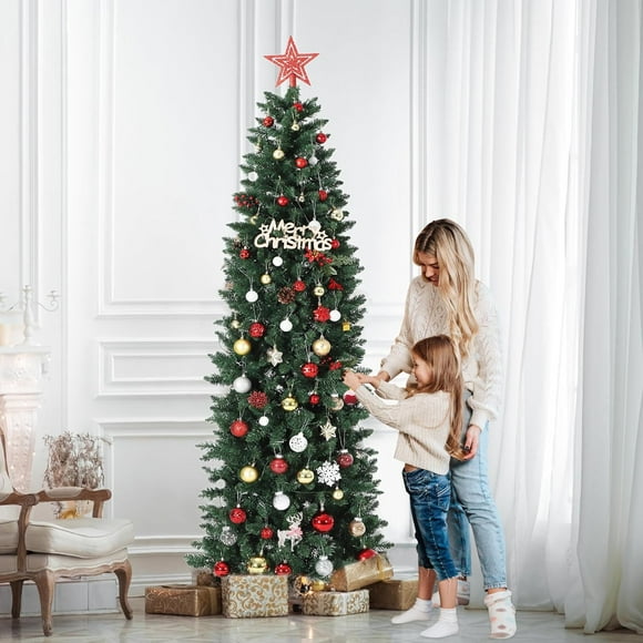 CABIHOME Pre-Lit Christmas Tree, Slim Christmas Tree with Foldable Metal Leg and Dual Color Lighting, Holiday Decoration for Indoor Outdoor 6ft/ 7.5ft/ 9ft/ 12ft