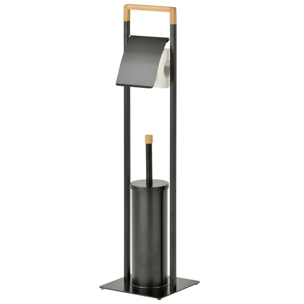 MyGift Freestanding Bamboo and Black Metal Bathroom Toilet Paper Stand with Toilet Brush Holder