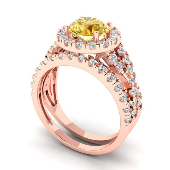 Clara Pucci 18K Rose Gold 1.795 Synthetic Yellow Moissanite Engraveable Engagement Ring Wedding Band Set