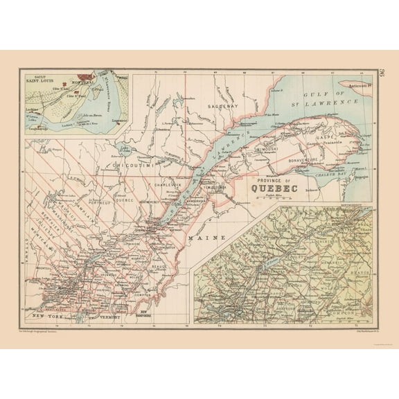 Historic Map - Quebec Canada - Bartholomew 1892 - 30.61 x 23 - Vintage Wall Art