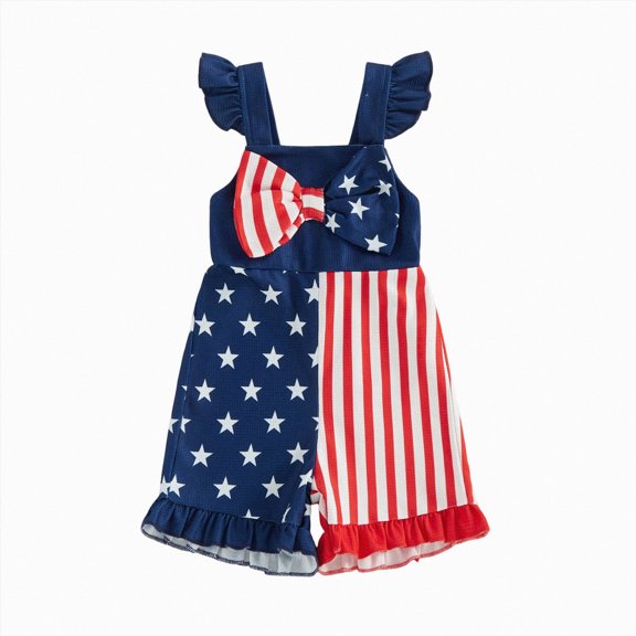 Splozh 4th of July Outfit 6 12 18 24 Months 2T 3T Toddler Girl Stars Stripe Flag Romper Overall Shorts Little Girls 4th of July Clothing,Blue,2-3 Years