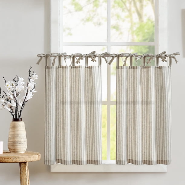 Cortinas de cocina Jinchan con lazo en la parte superior de lino, 36 cm de longitud, 2 paneles