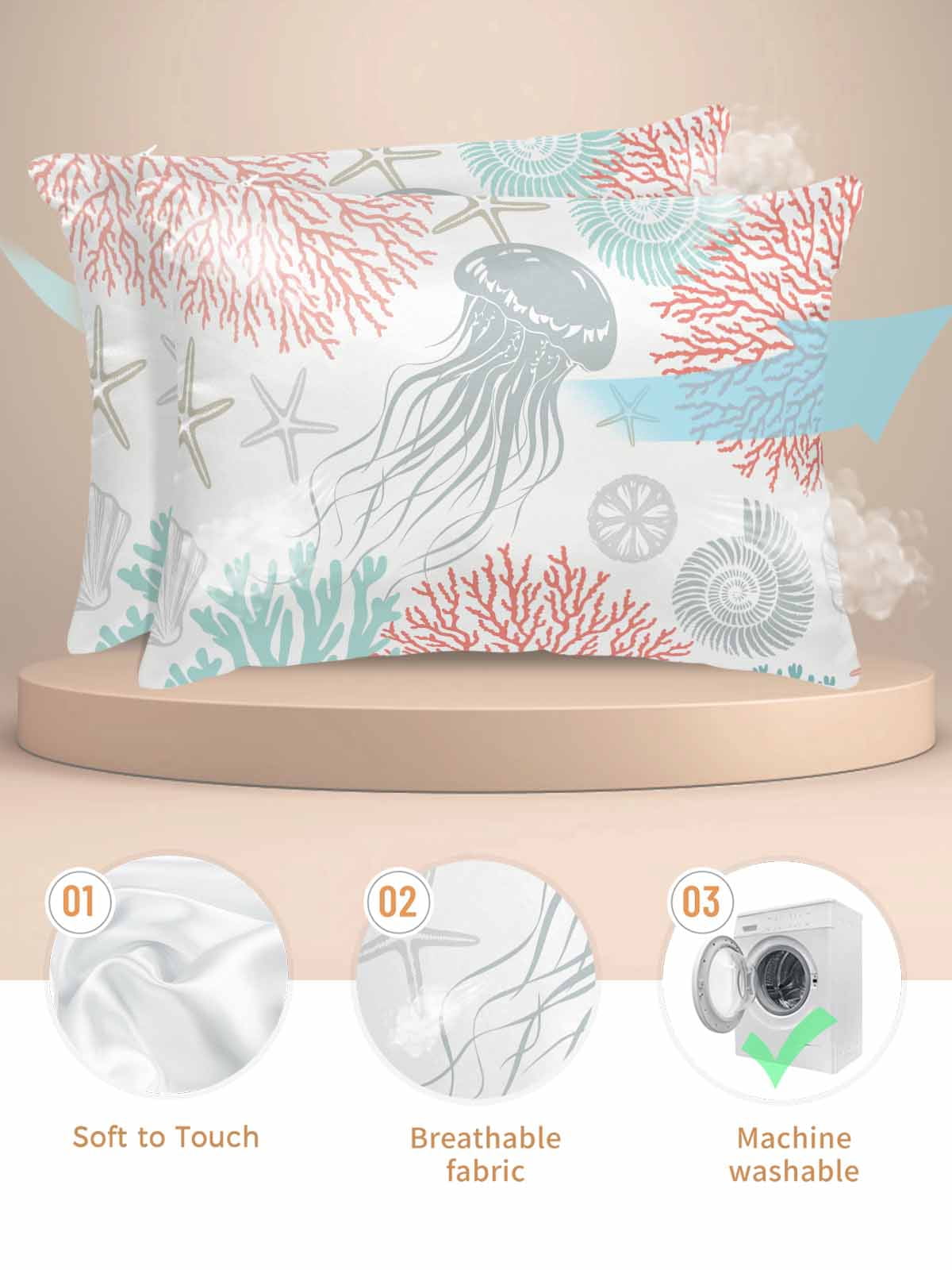 Jellyfish Coastal Pillow Cases King Size Set of 2, Smooth Satin Pillowcase for Hair and Skin, Teal Red Coral Starfish Decorative Cooling Bed Pillow Covers with Zipper, 20x36 Inches
