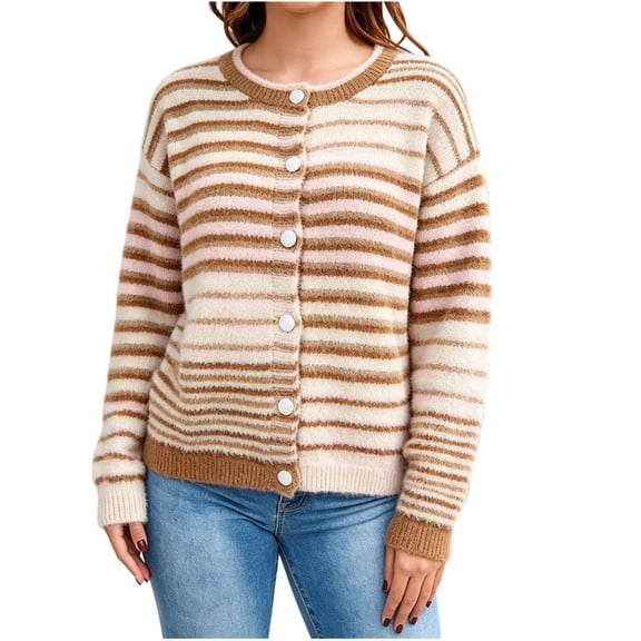 Fewfanhot Sweaters for Women Striped Cardigan Fall Trendy Rainbow Color Block Open Front Sweater Coats