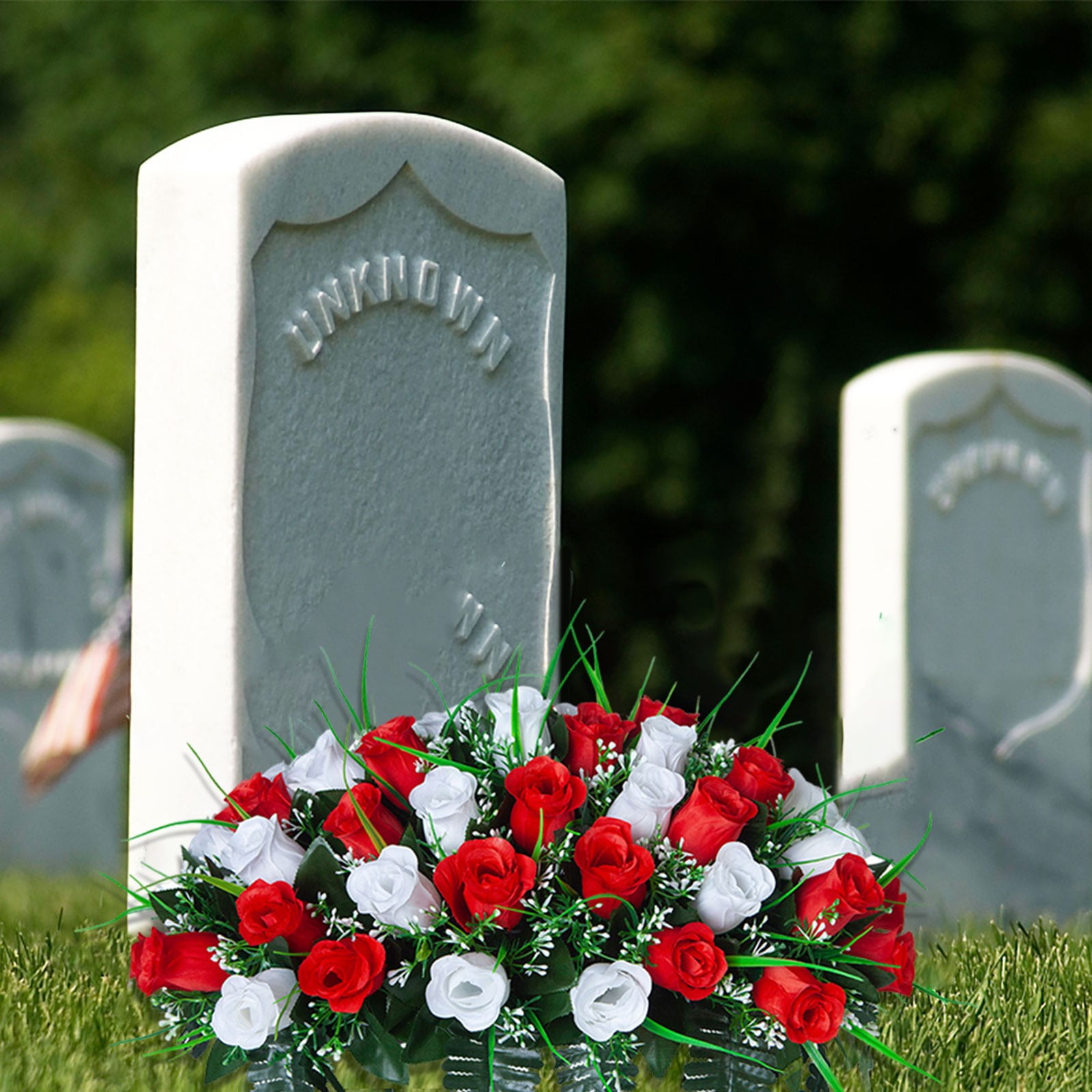 Outdoor Memorial Grave Saddle - Red & White Silk Rose Headstone Decoration, All-Weather Artificial Flowers for Cemetery & Gravesite