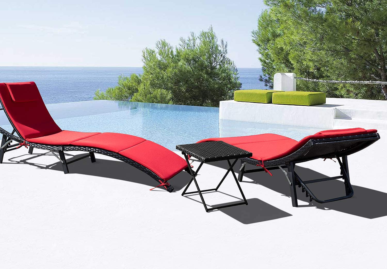 Flamaker 3 Pieces Patio Chaise Lounge with Cushions Unadjustable Modern Outdoor Furniture Set PE Wicker Rattan Backrest Lounger Chair Patio Folding Chaise Lounge with Folding Table 3 Pieces 