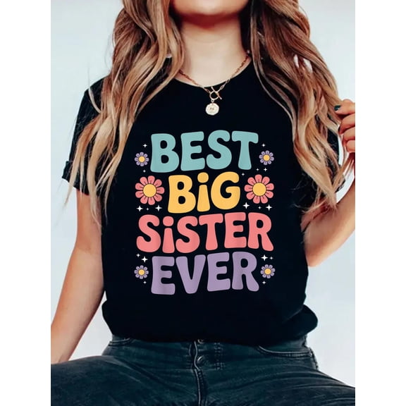 Girls Baby Announcements Cute Big Sister T-Shirt Women's Graphic Tee Casual Tops