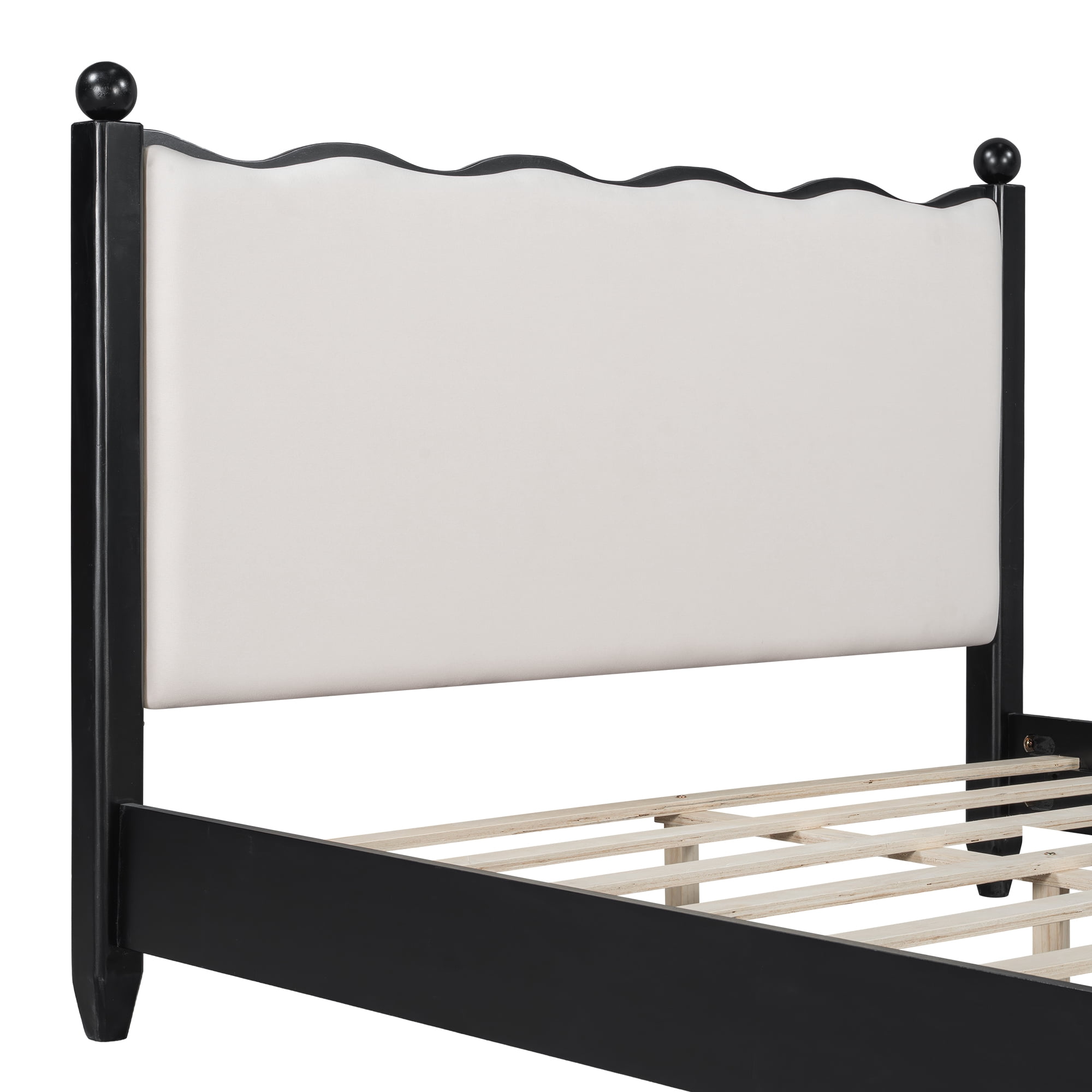 Alvantor Queen Size Wood Platform Bed with Upholstered Headboard, Solid Slat Support, Black + Beige