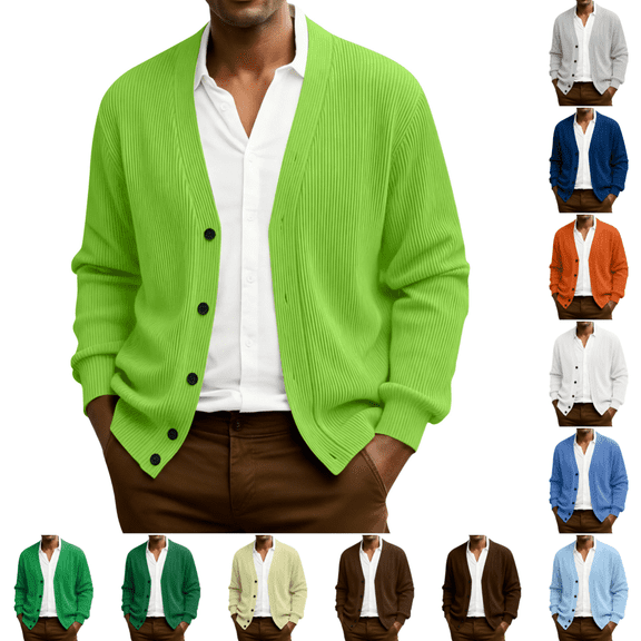 Domuza Cardigan Sweaters for Men Long Sleeve Button Down Sweaters Casual Business Knitted Cardigans Lightweight Loose Sweater Fluorescent Green L