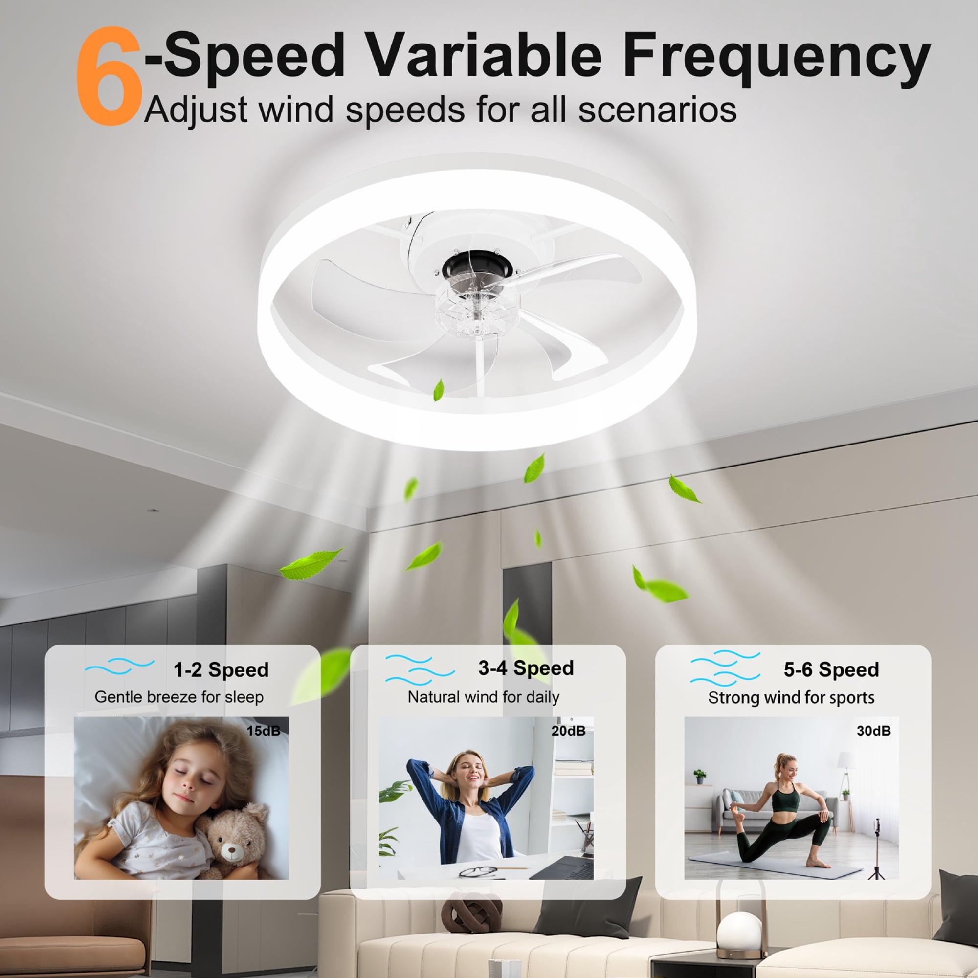 Leumius 19.7" LED Ceiling Fan Light with Remote and App Control, 6 Speeds, Dimmable, 3000K-6500K, Flush Mount Fandelier for Bedroom White