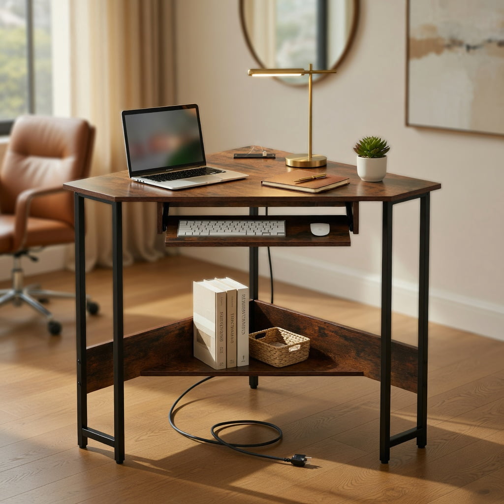 Yardi Yard Triangle Corner Desk with Charging Station Keyboard Tray and Storage Shelf-Rustic Brown, Computer Desk, Gaming Computer Desks for Study,Working,Writing