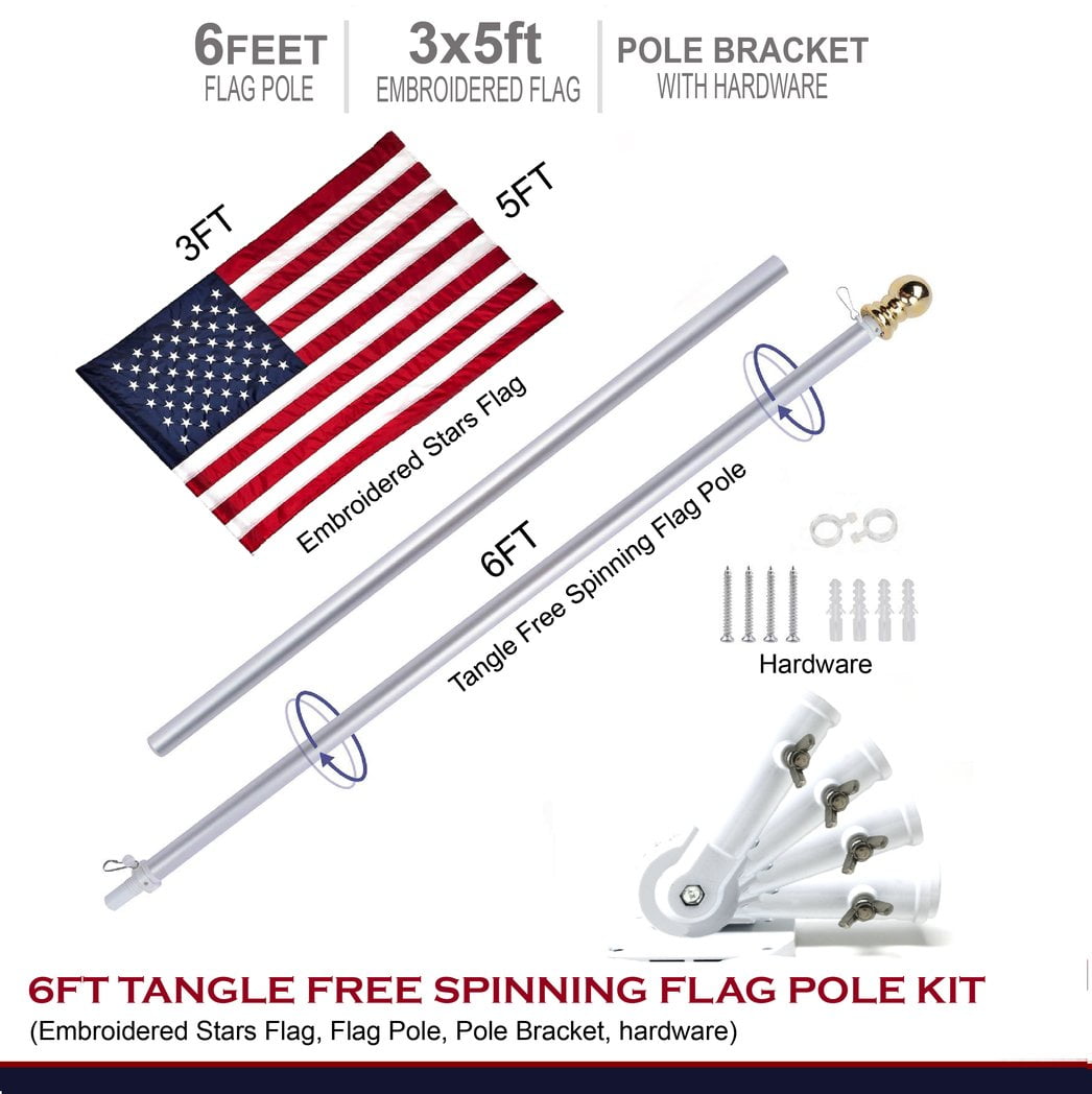 6FT Tangle Free Spinning Flag Pole Stainless Steel & 4pcs 3x5FT American US Flag