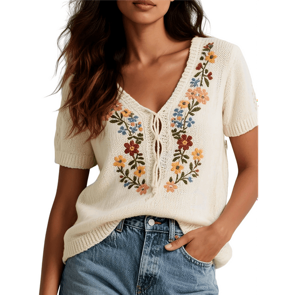 Short Sleeve Sweater for Women Retro Floral Mexican Embroidered Top Summer Tie Front V Neck Boho Peasant Blouse White XL