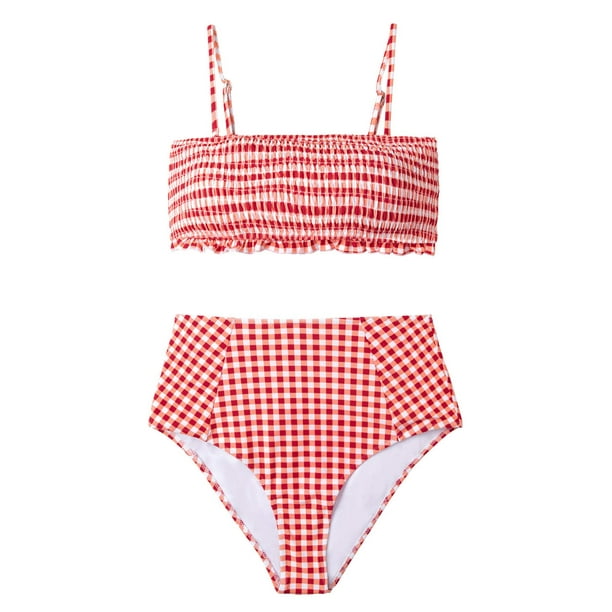 Cupshe Women's Red Gingham Smocked High Waisted Two Piece Bikini