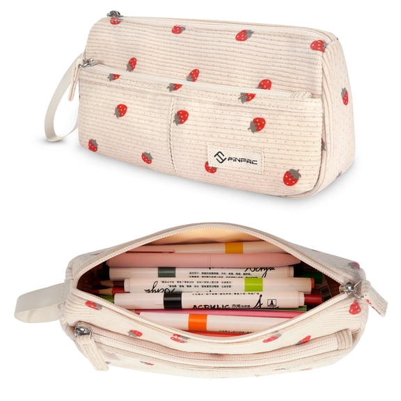 FINPAC Pencil Case, Corduroy Triangle Makeup Bag, Kawaii Pen Bag Pouch Holder Box Organize for Study, Office, or Travel, Strawberry