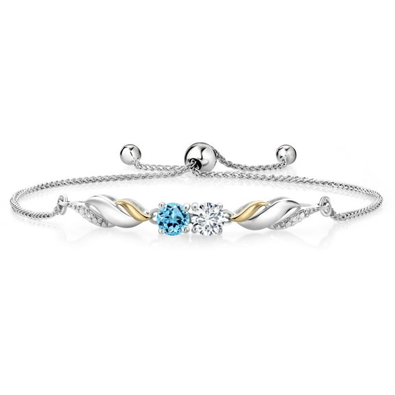 Gem Stone King 1.17 Ct E-F Lab Grown Diamond Swiss Blue Topaz 925 Silver and 10K Yellow Gold Bracelet for Women