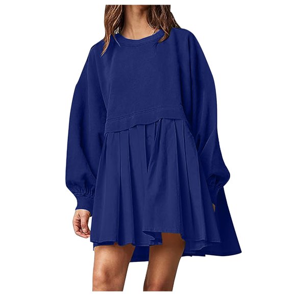 Mrat Womens Dresses Fall Long Sleeve Dress Casual Irregular Hem Loose Dresses Tulle Ball Gown for Women Neck Bubble Sleeve Winter Pleated Skirt Dark Blue L