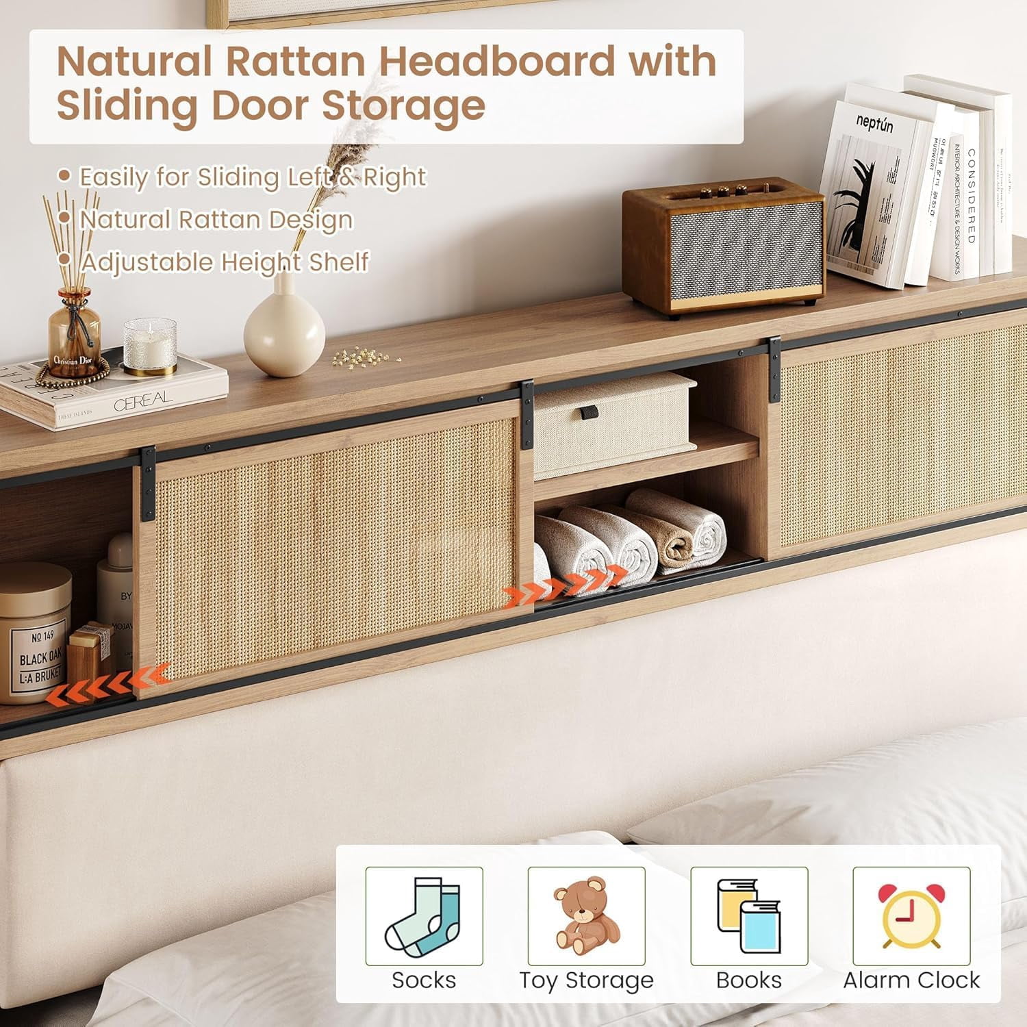 Shininglove King Size Rattan Bed Frame with Storage – Boho-Chic Bedroom Furniture with Sliding Door Shelf, Solid Wood Slats, & No Box Spring Needed – Easy Assembly Natural Oak