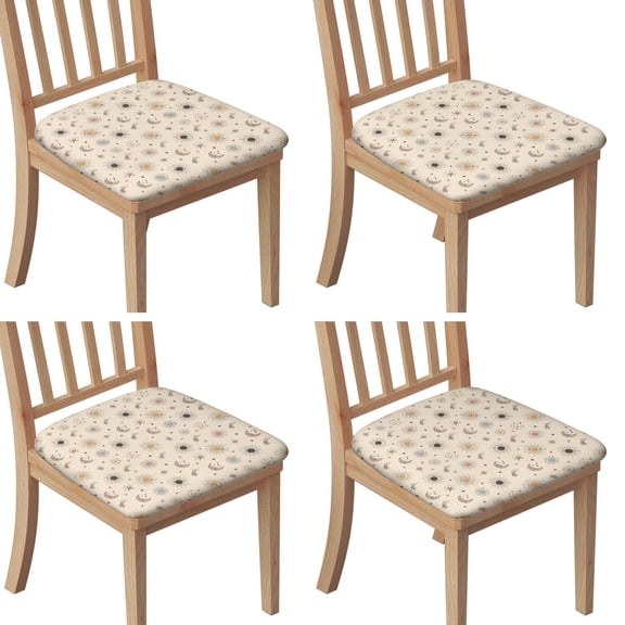 Beige Sun Moon Star Comet Pattern Seat Covers for Dining Room Chairs Set Of 4,Stretch Printed Washable Chair Seat Cover with Elastic Ties and Button,Removable Waterproof Couch Cushion Covers