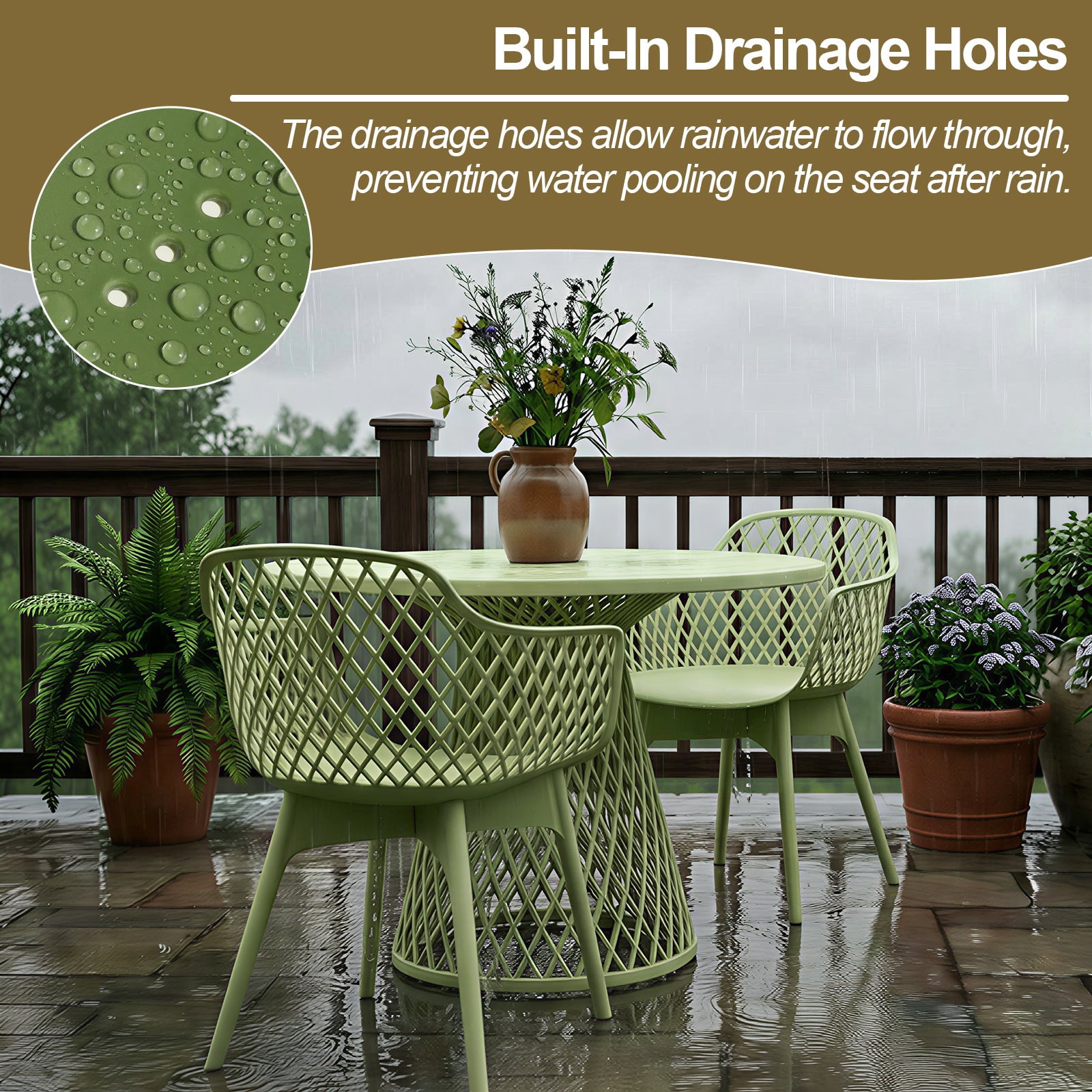 Aoodor Modern Dining Chairs Set of 2, Weather-Resistant Plastic Cafe Chairs with Ergonomic Back and Non-Slip Pad, Suitable for Patio, Restaurant, Yard, Porch, Balcony, Green